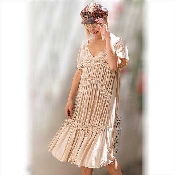 LAST ONE POL Shirred Knit Gathered Midi Dress Short Sleeve Loose Fit - Picture 8 of 12